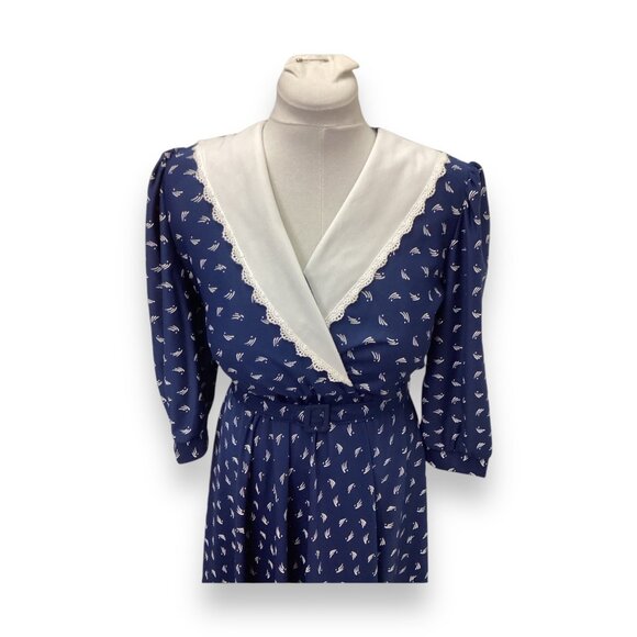 Vintage 80s Carriage Court Blue Pattern Print Dress White Lace Collar size 10 - Picture 4 of 10